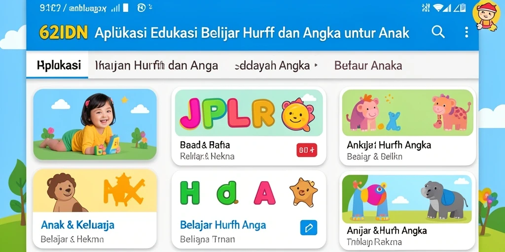 Antarmuka pengguna 62IDN yang menarik dengan berbagai fungsi belajar huruf dan angka.