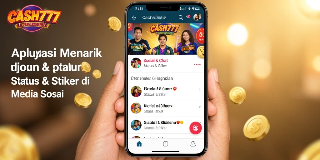 Screenshot aplikasi CASH777 menampilkan beragam stiker dan status menarik.